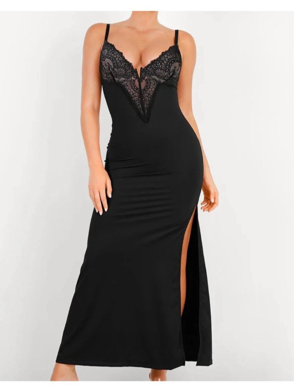 Popilush Shapewear Lace V Neck Side Slit Slimming Maxi Slip Dress XL